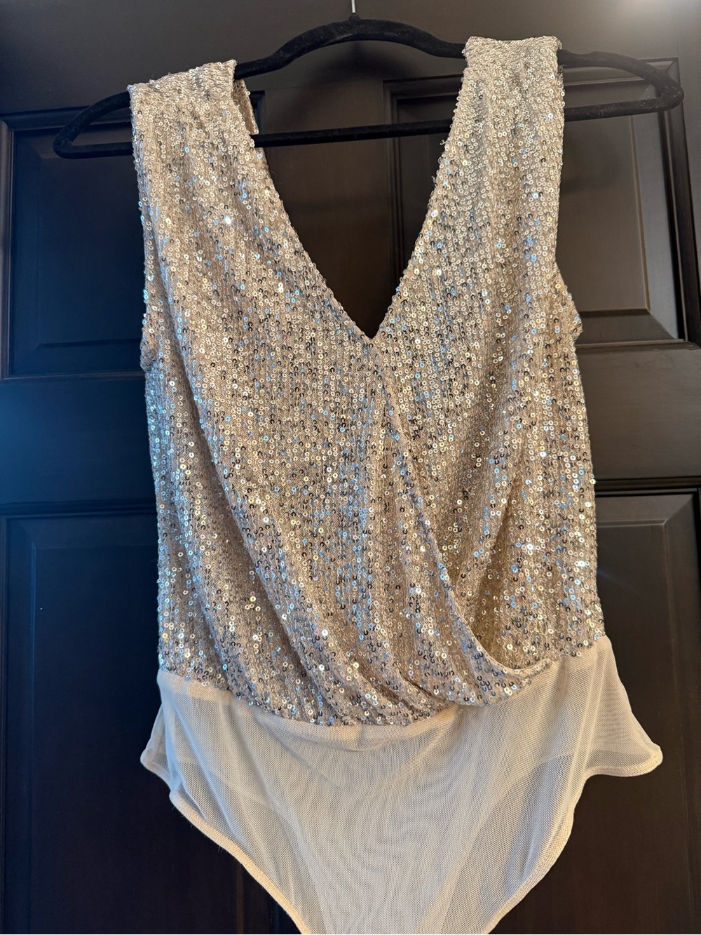 Lulu's Silver Sequin V-Neck Bodysuit